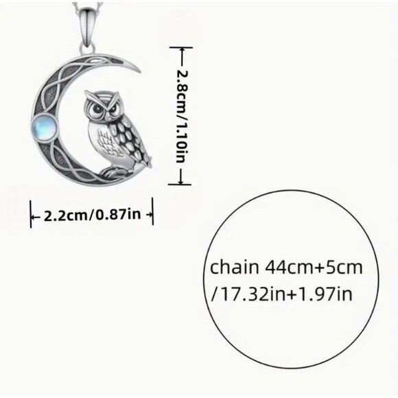 Owl & Crescent Moon with Jewel Pendant Necklace Silver Tone - Picture 2 of 2